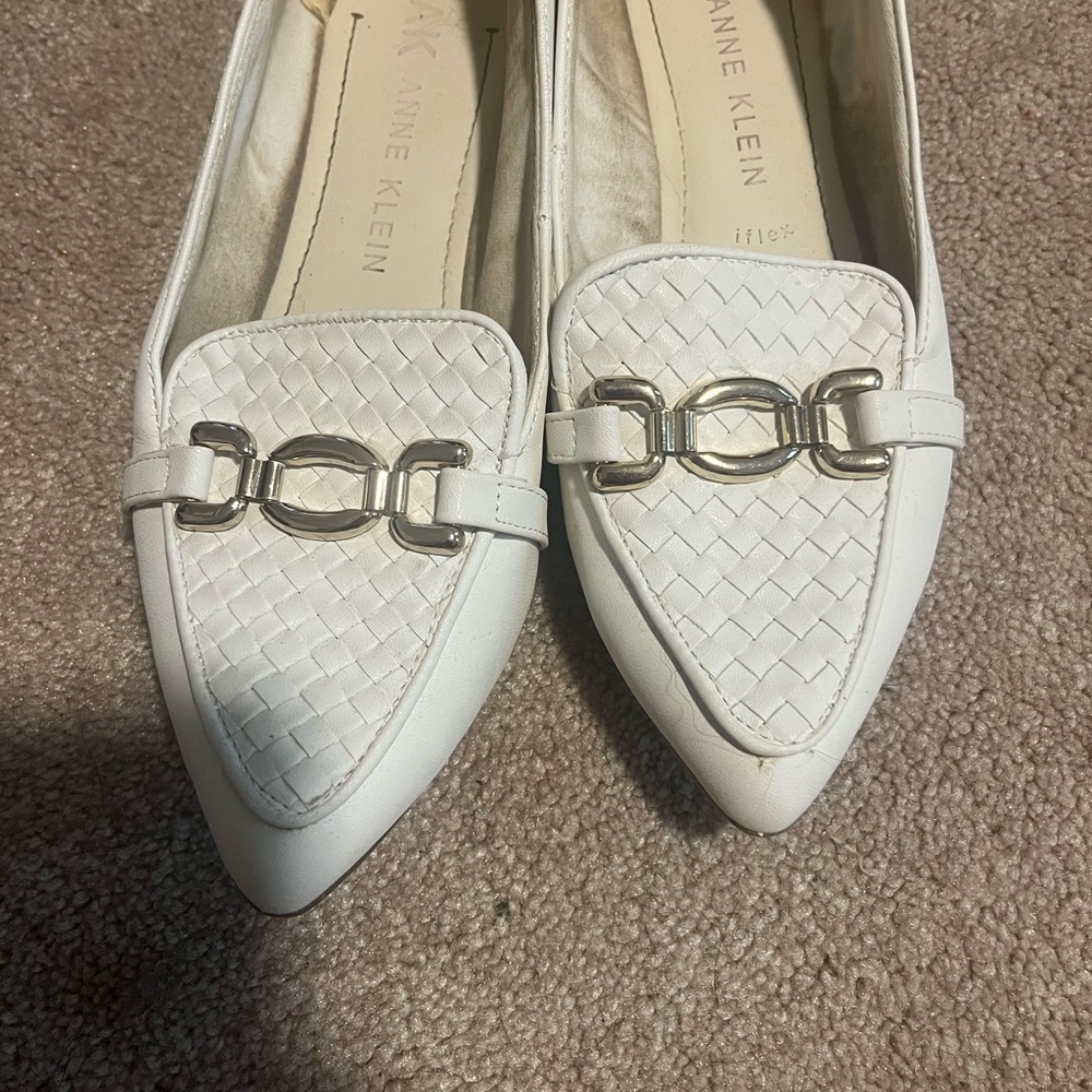 Anne Klein White Loafers with Silver Accents